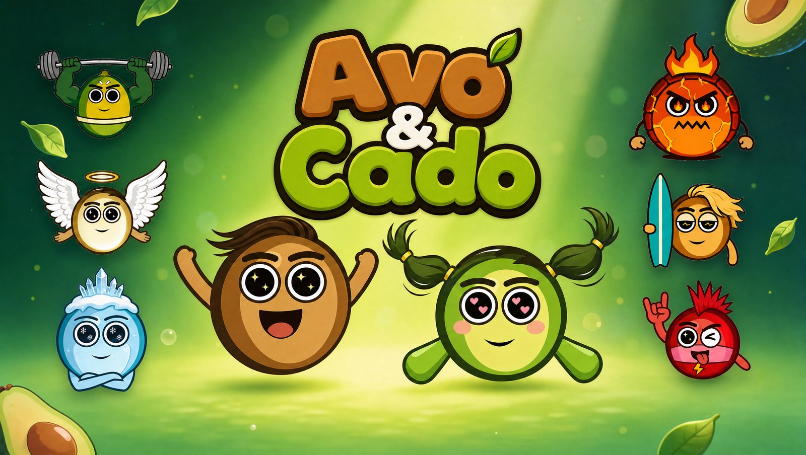 Avo and Cado with the full cast of eight characters
